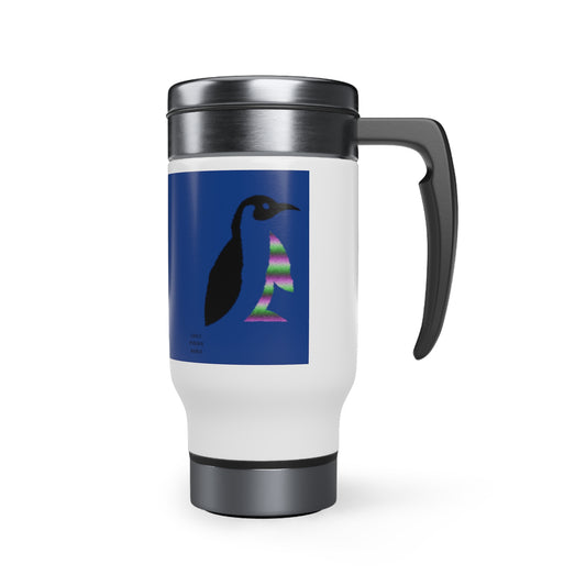 Stainless Steel Travel Mug with Handle, 14oz: Crazy Penguin World Logo Dark Blue
