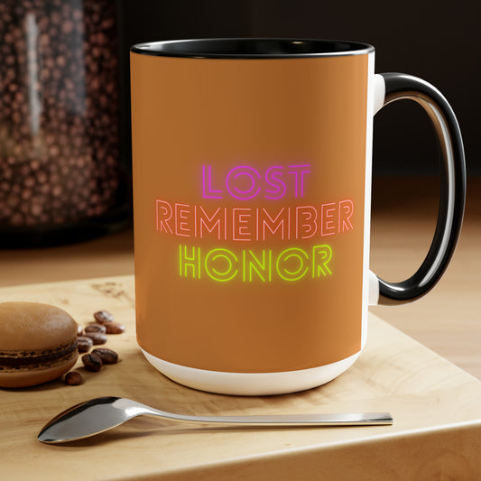 Two-Tone Coffee Mugs, 15oz: Lost Remember Honor Lite Brown