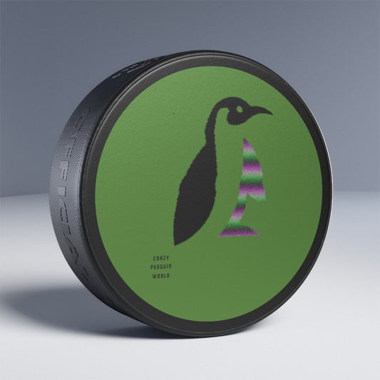 Hockey Puck: Crazy Penguin World Logo Green