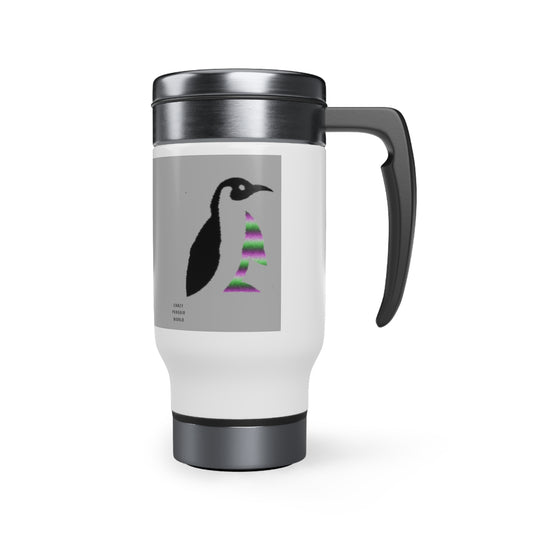 Stainless Steel Travel Mug with Handle, 14oz: Crazy Penguin World Logo Lite Grey