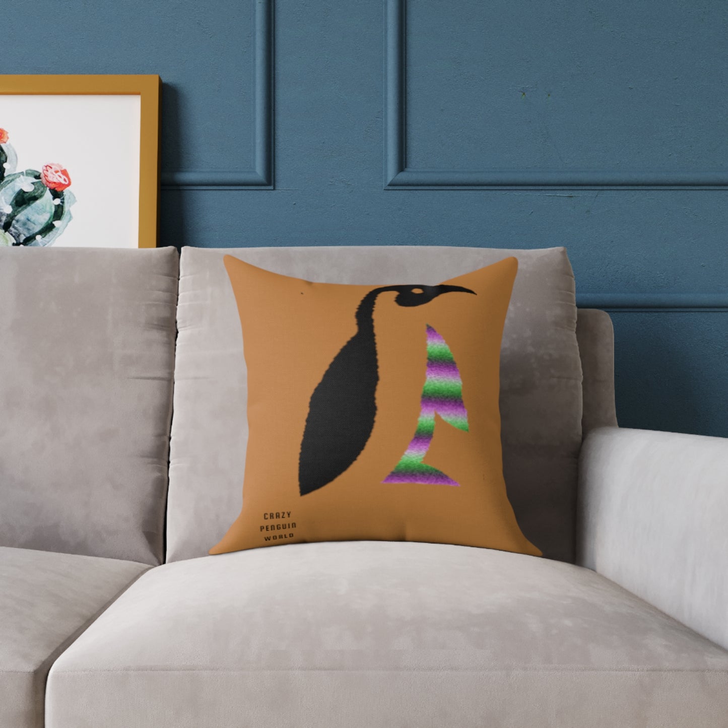 Spun Polyester Pillow: Crazy Penguin World Logo Lite Brown