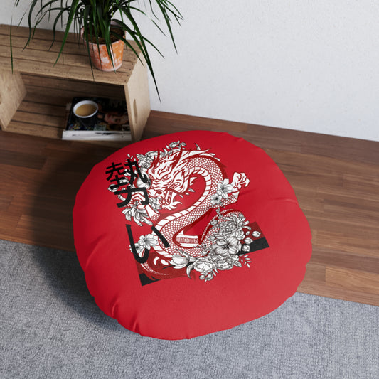 Tufted Floor Pillow, Round: Dragons Dark Red