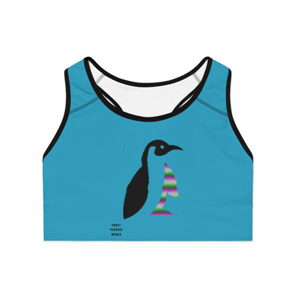 Sports Bra: Crazy Penguin World Logo Turquoise