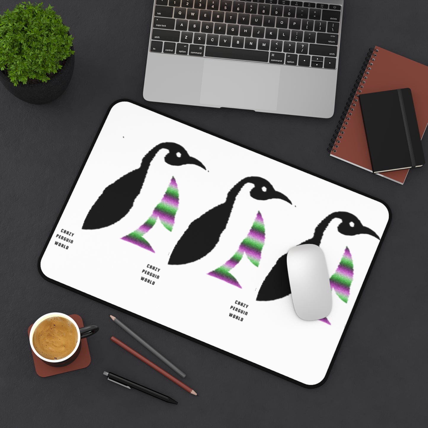 Desk Mat: Crazy Penguin World Logo White