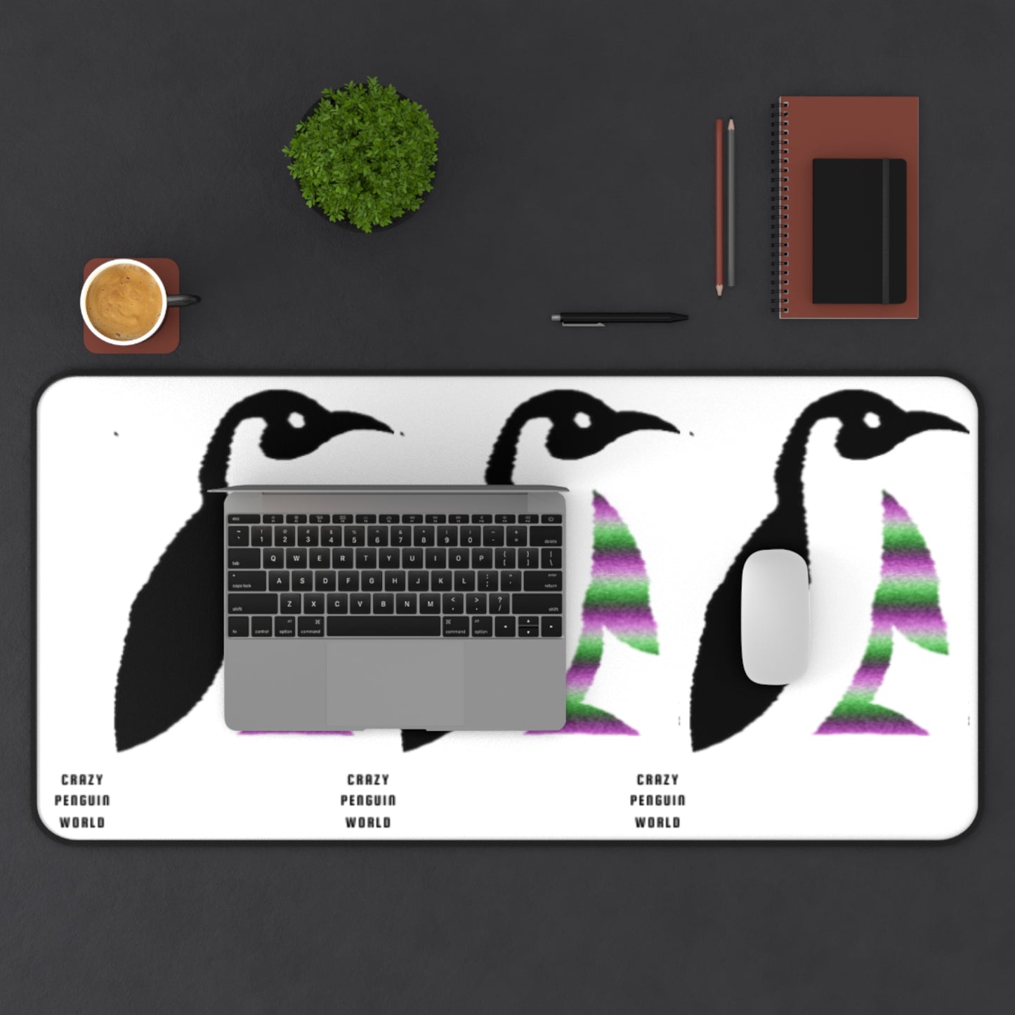 Desk Mat: Crazy Penguin World Logo White