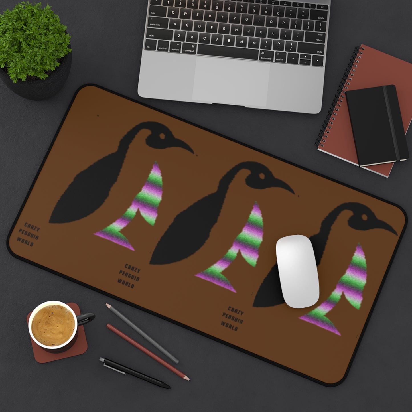 Desk Mat: Crazy Penguin World Logo Brown