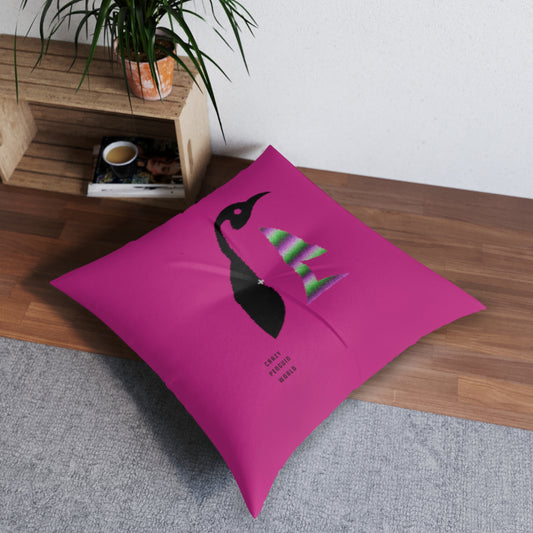 Tufted Floor Pillow, Square: Crazy Penguin World Logo Pink