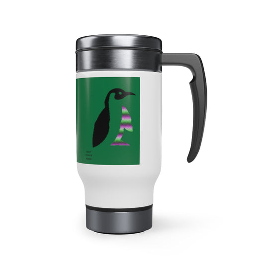 Stainless Steel Travel Mug with Handle, 14oz: Crazy Penguin World Logo Dark Green