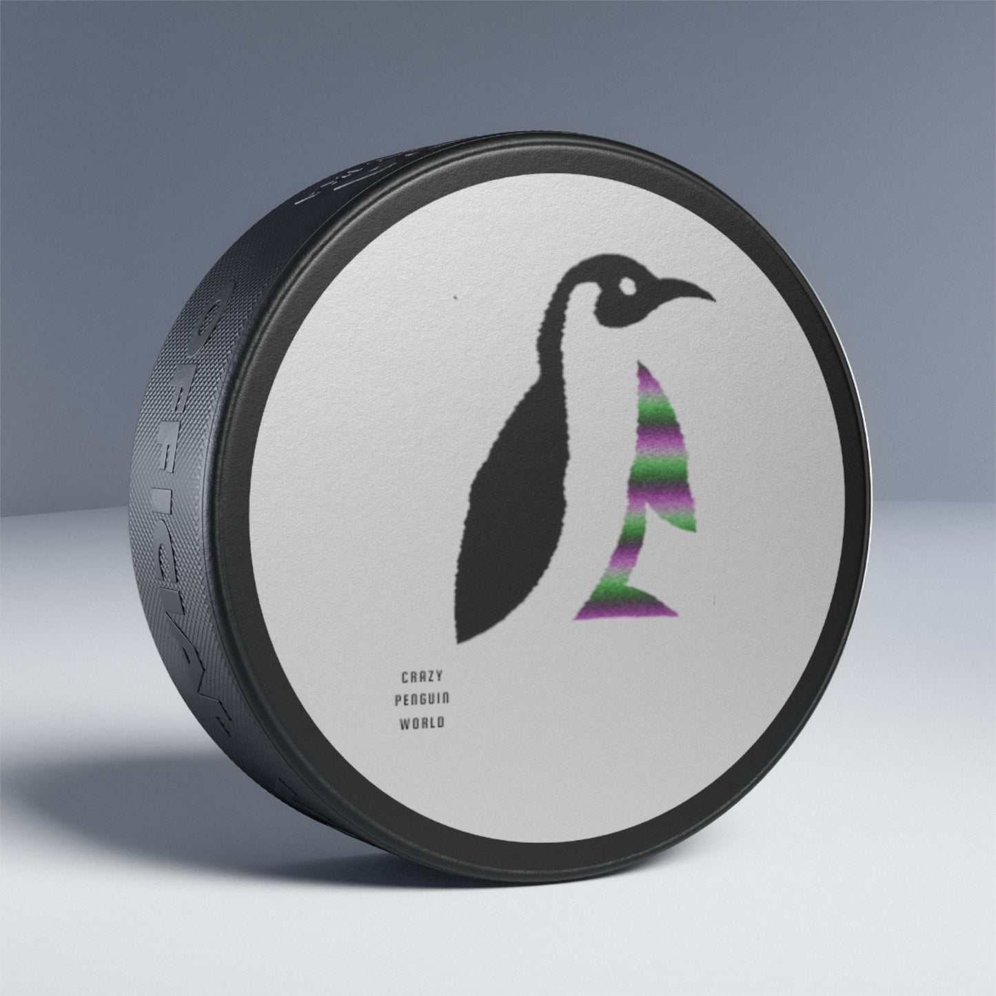 Hockey Puck: Crazy Penguin World Logo White