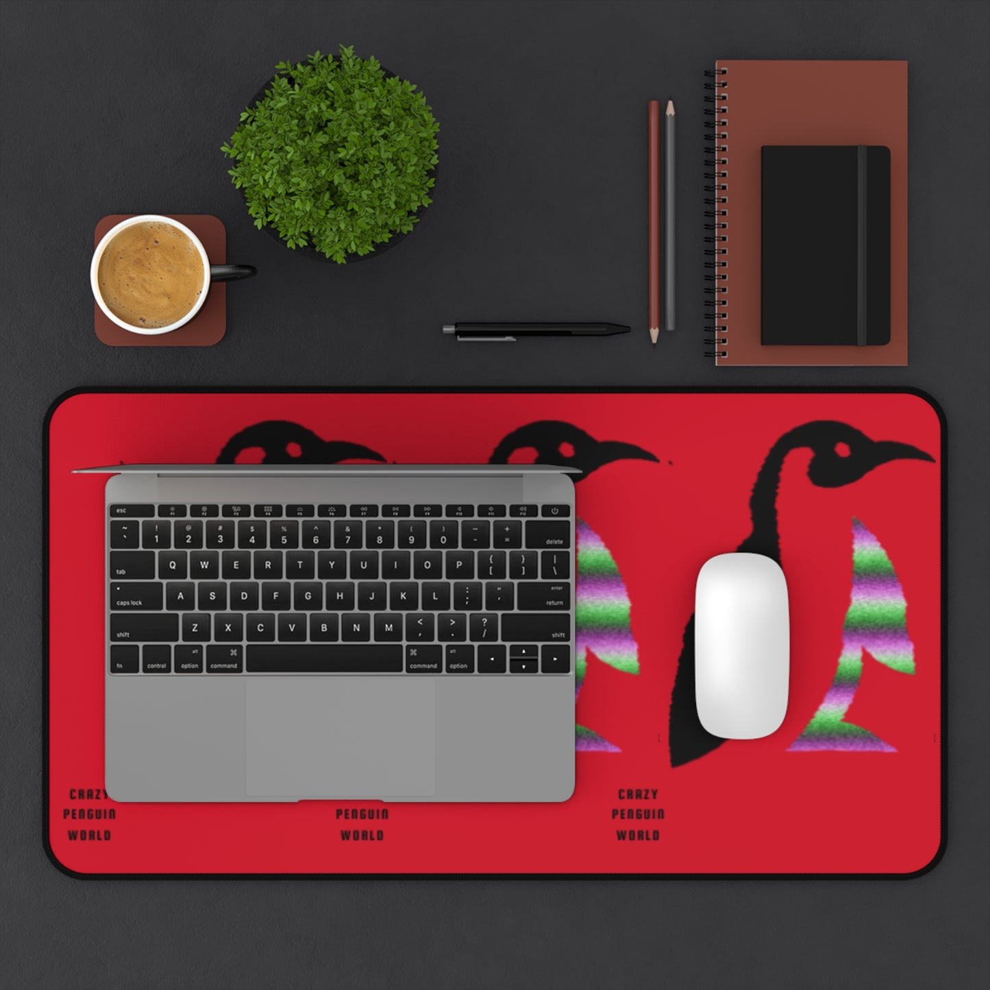 Desk Mat: Crazy Penguin World Logo Dark Red