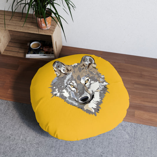 Tufted Floor Pillow, Round: Wolves Yellow