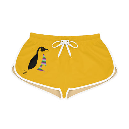 Women's Relaxed Shorts: Crazy Penguin World Logo Yellow