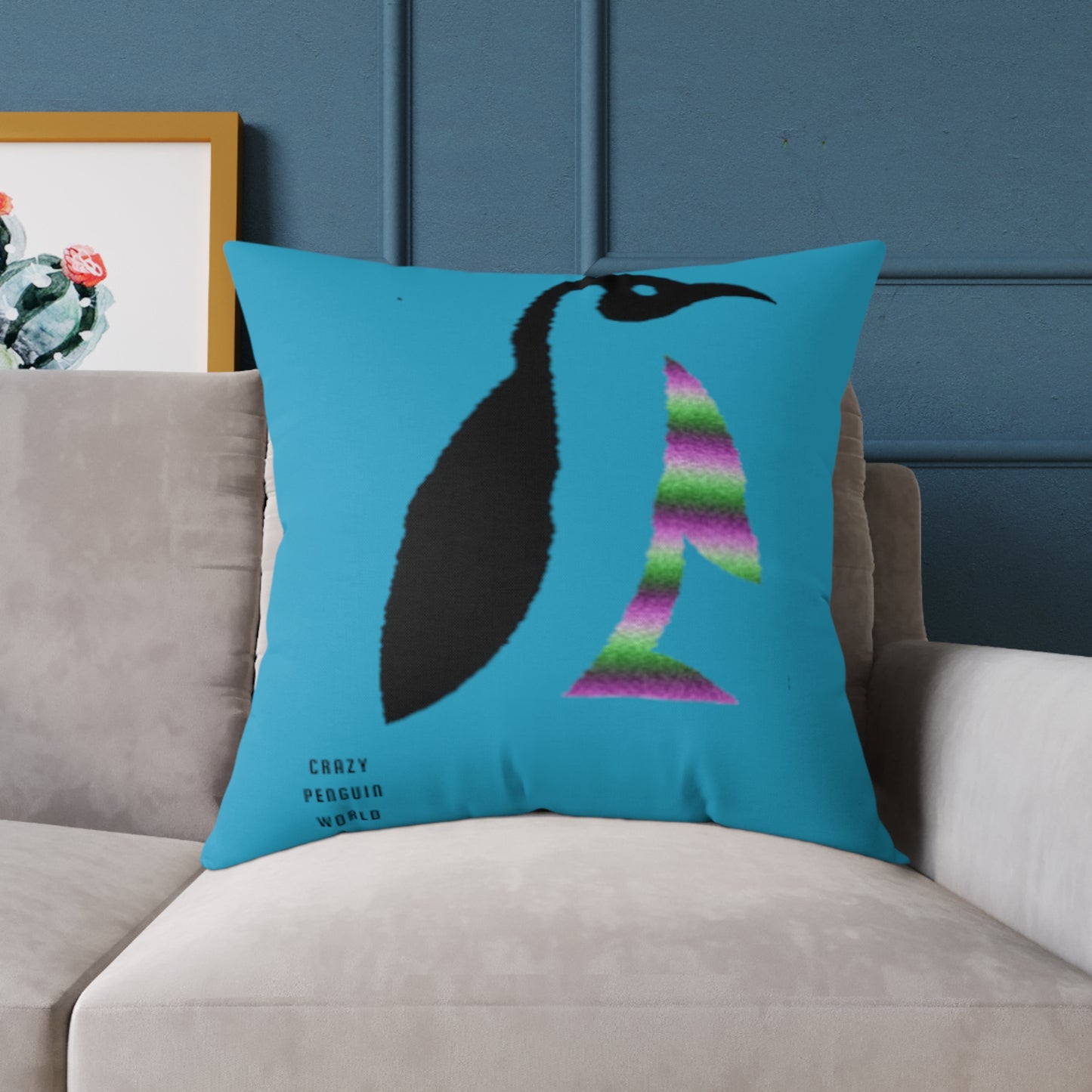 Spun Polyester Pillow: Crazy Penguin World Logo Turquoise