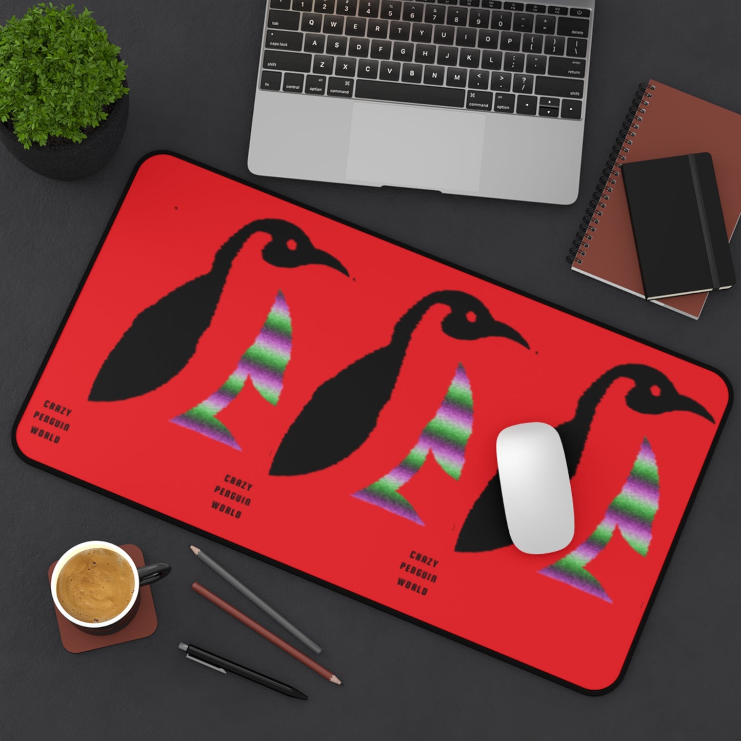 Desk Mat: Crazy Penguin World Logo Red