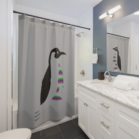 Shower Curtains: #1 Crazy Penguin World Logo Lite Grey