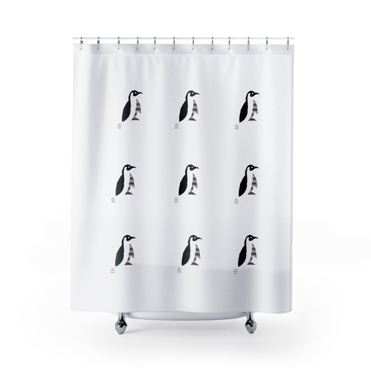 Shower Curtains: #2 Crazy Penguin World Logo White