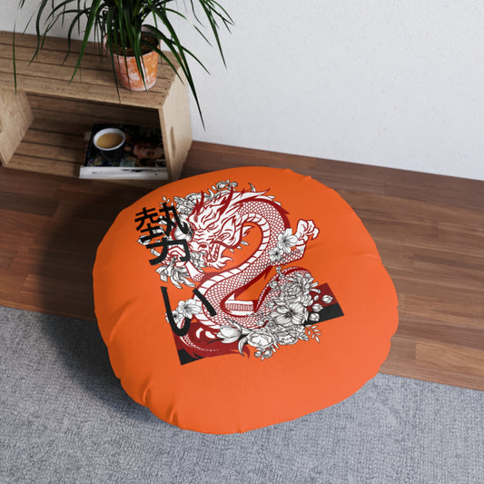Tufted Floor Pillow, Round: Dragons Orange