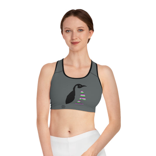 Sports Bra: Crazy Penguin World Logo Dark Grey