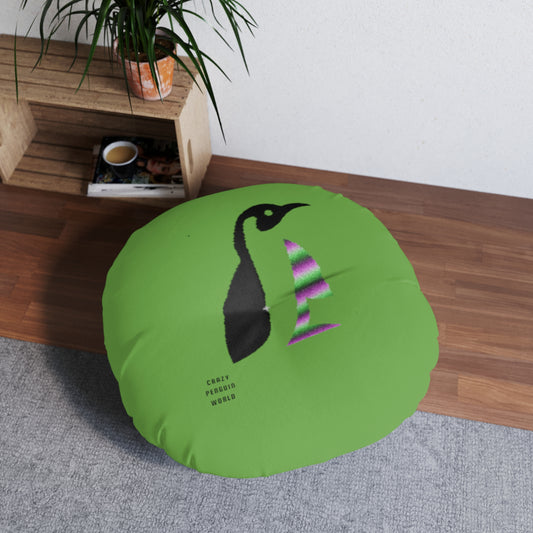 Tufted Floor Pillow, Round: Crazy Penguin World Logo Green