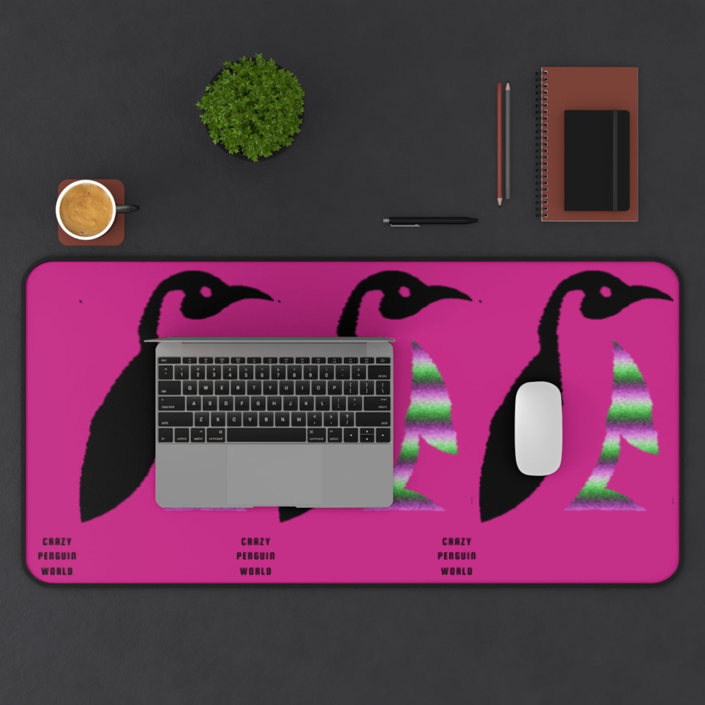 Desk Mat: Crazy Penguin World Logo Pink