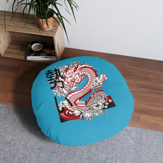 Tufted Floor Pillow, Round: Dragons Turquoise
