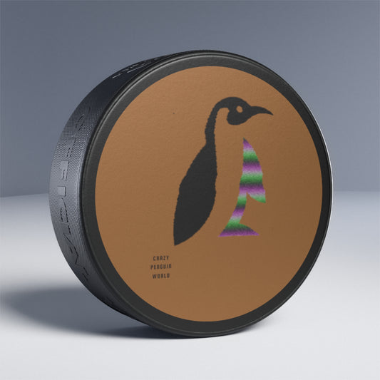 Hockey Puck: Crazy Penguin World Logo Lite Brown