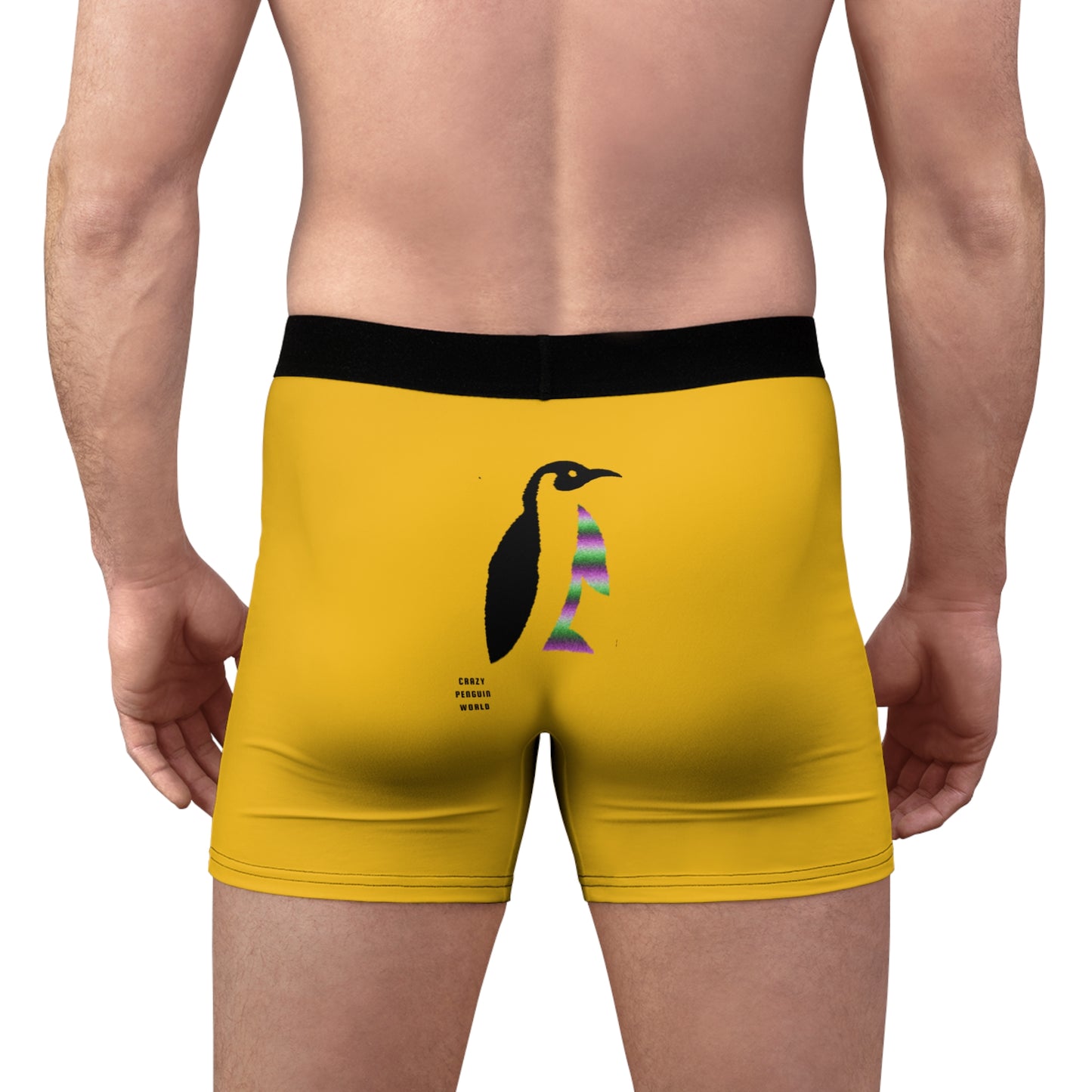 Men's Boxer Briefs: Crazy Penguin World Logo Yellow