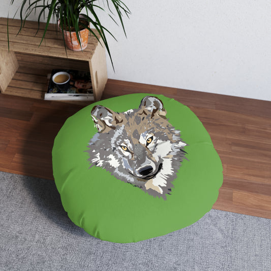 Tufted Floor Pillow, Round: Wolves Green