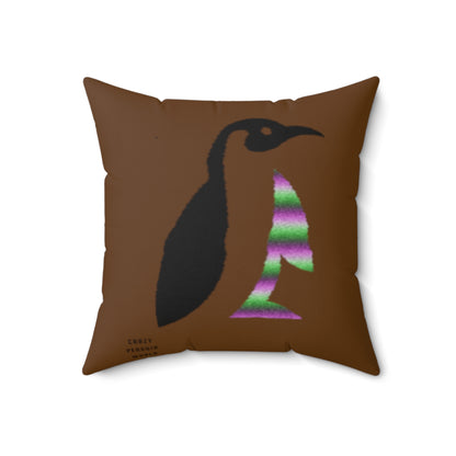 Spun Polyester Square Pillow: Crazy Penguin World Logo Brown