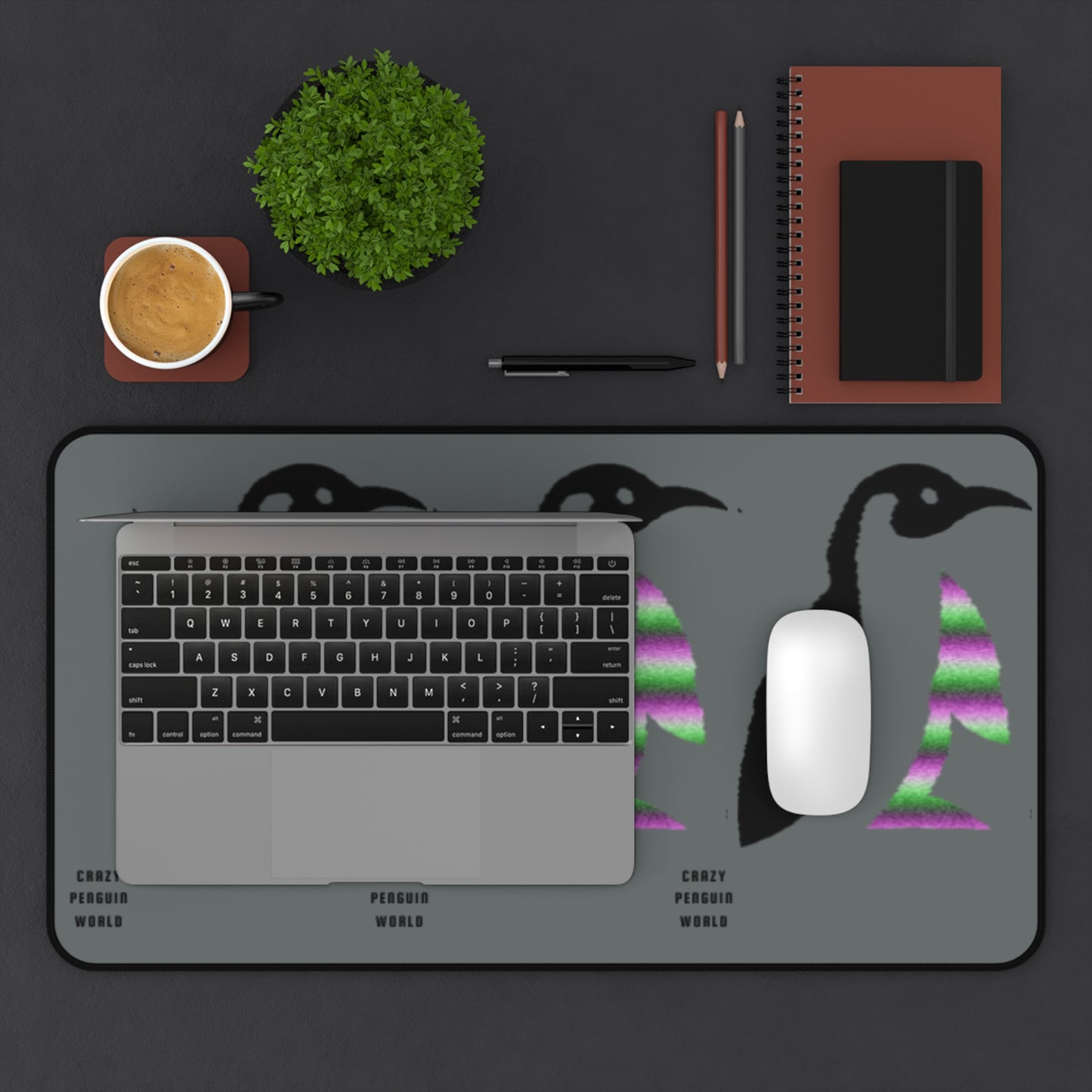 Desk Mat: Crazy Penguin World Logo Dark Grey