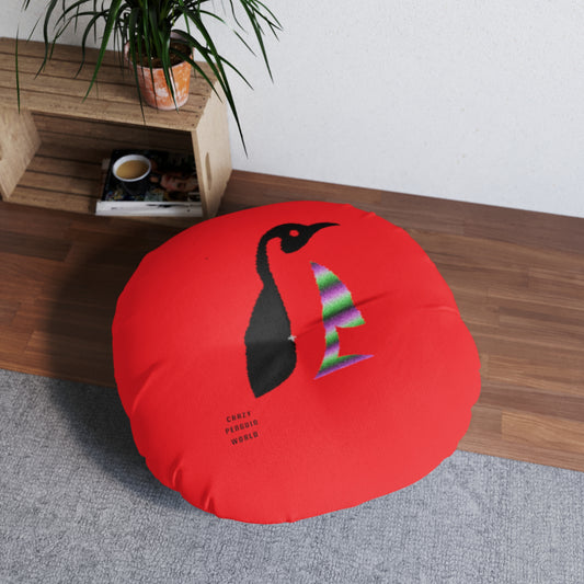 Tufted Floor Pillow, Round: Crazy Penguin World Logo Red