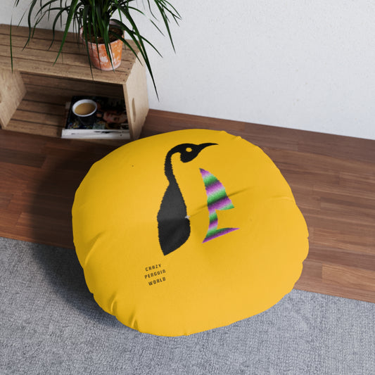 Tufted Floor Pillow, Round: Crazy Penguin World Logo Yellow