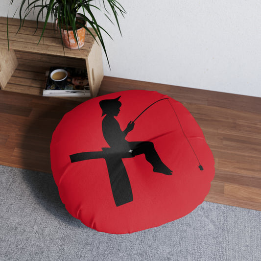 Tufted Floor Pillow, Round: Fishing Dark Red