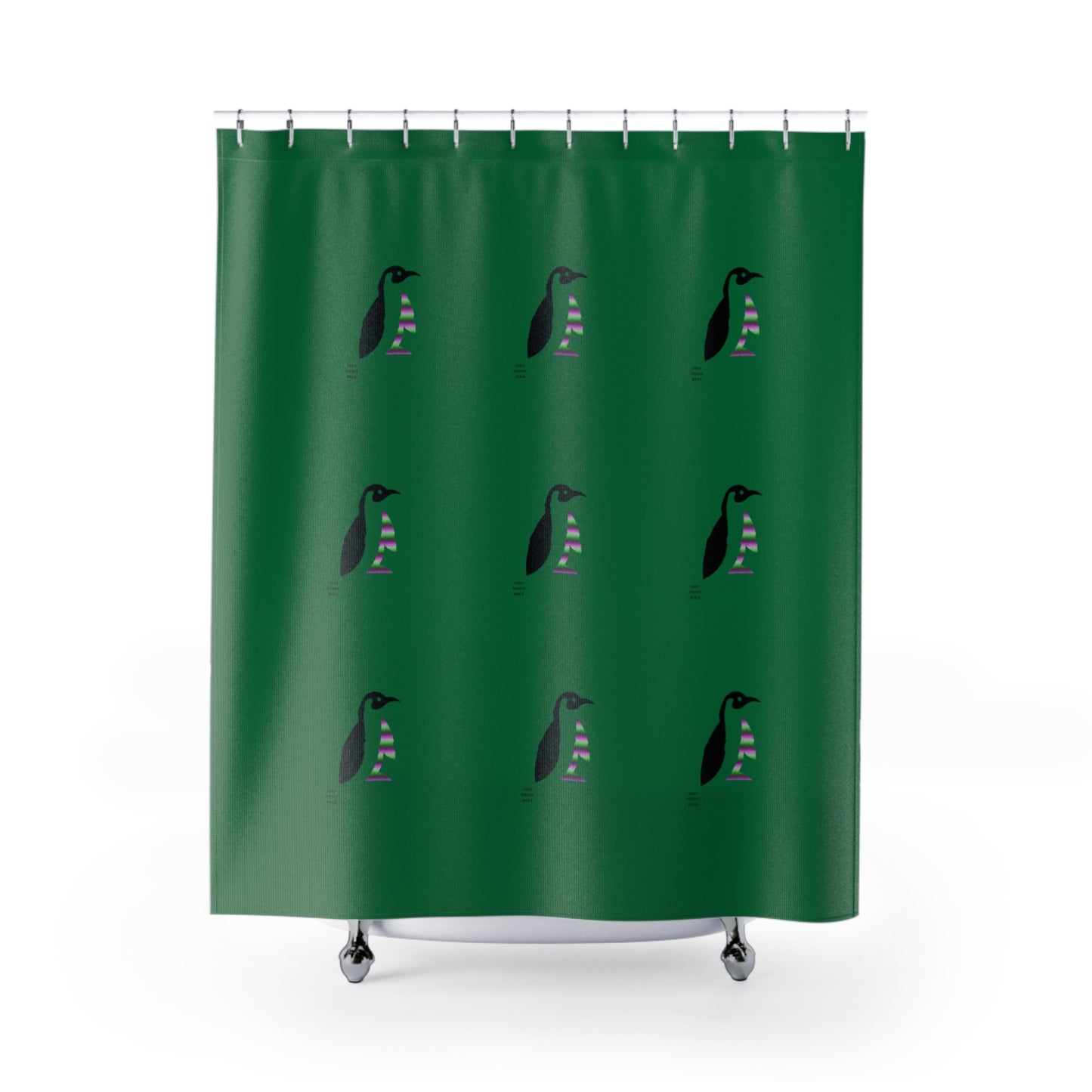 Shower Curtains: #2 Crazy Penguin World Logo Dark Green