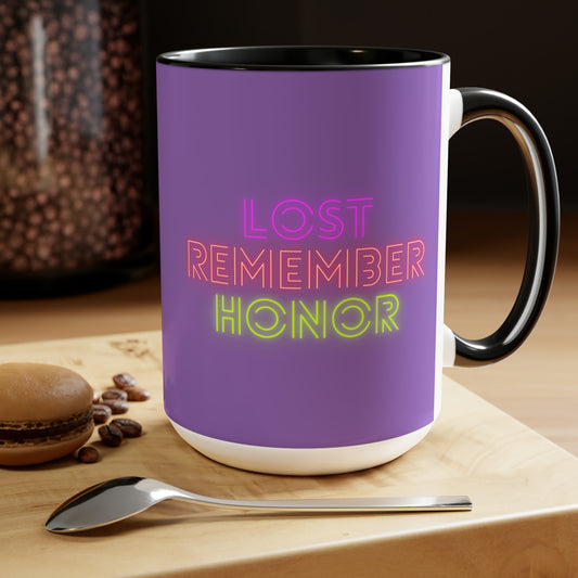 Two-Tone Coffee Mugs, 15oz: Lost Remember Honor Lite Purple
