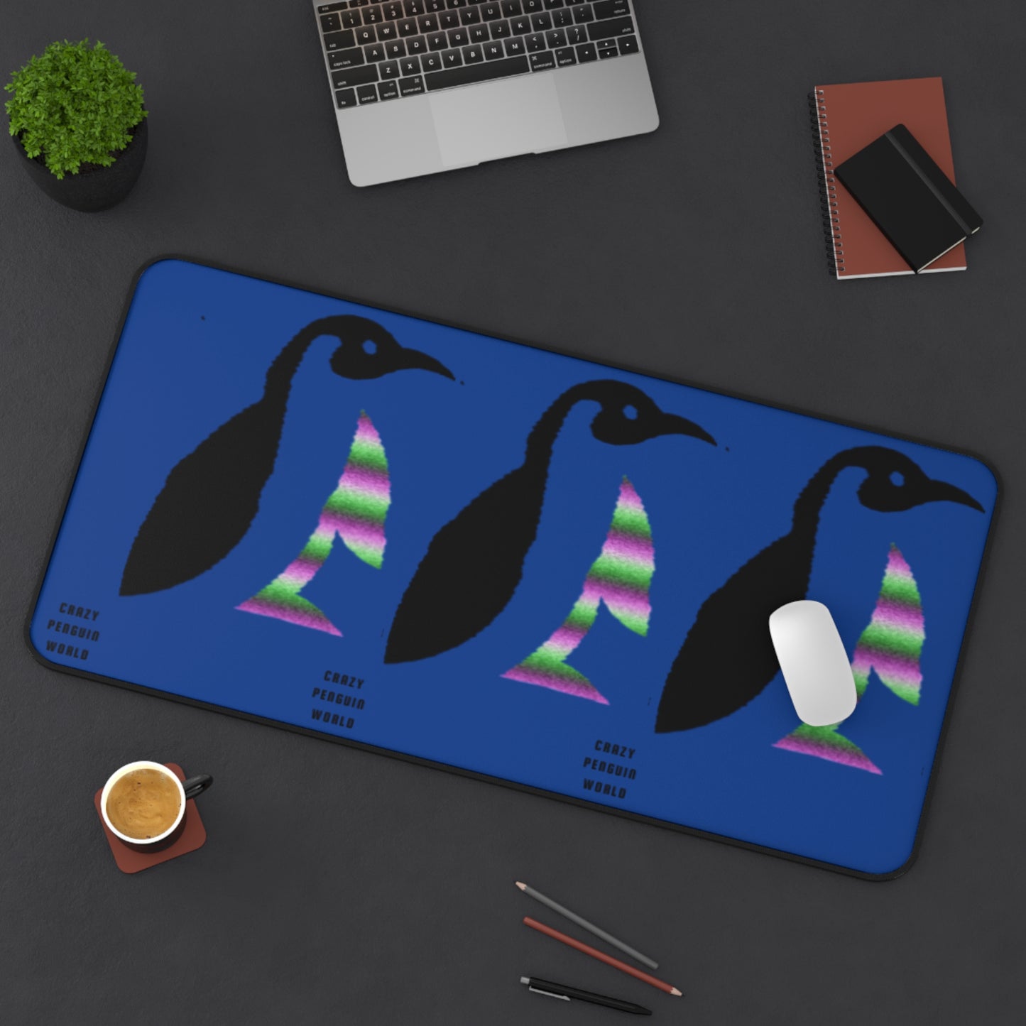 Desk Mat: Crazy Penguin World Logo Dark Blue