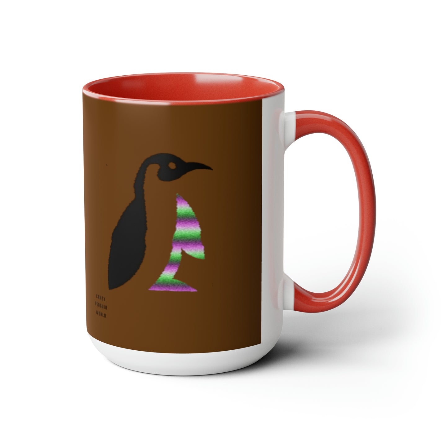 Two-Tone Coffee Mugs, 15oz: Crazy Penguin World Logo Brown