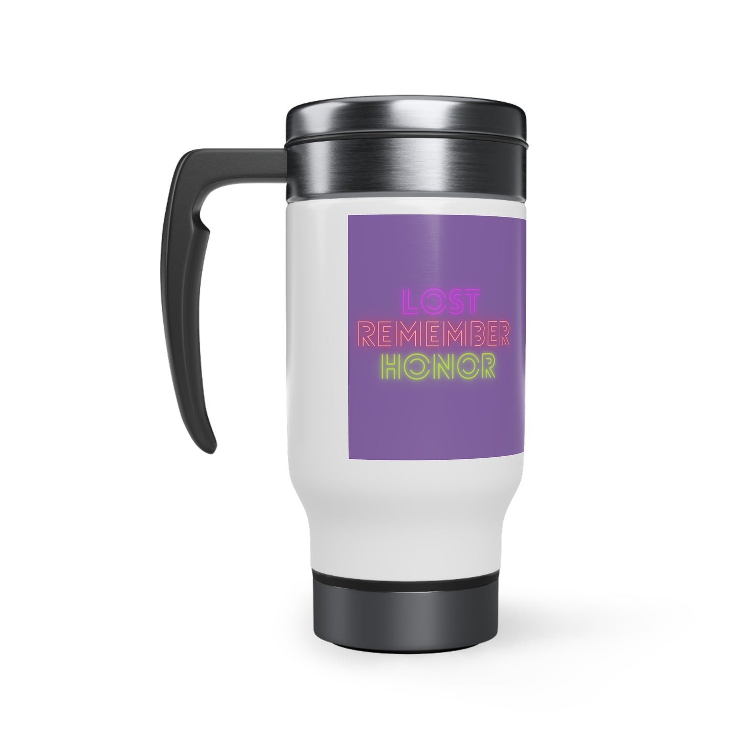 Stainless Steel Travel Mug with Handle, 14oz: Crazy Penguin World Logo Lite Purple