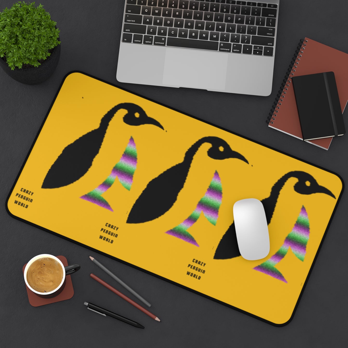 Desk Mat: Crazy Penguin World Logo Yellow