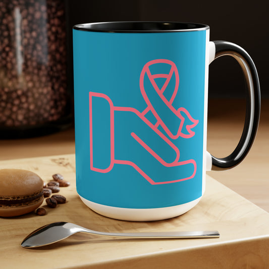 Two-Tone Coffee Mugs, 15oz: Fight Cancer Turquoise