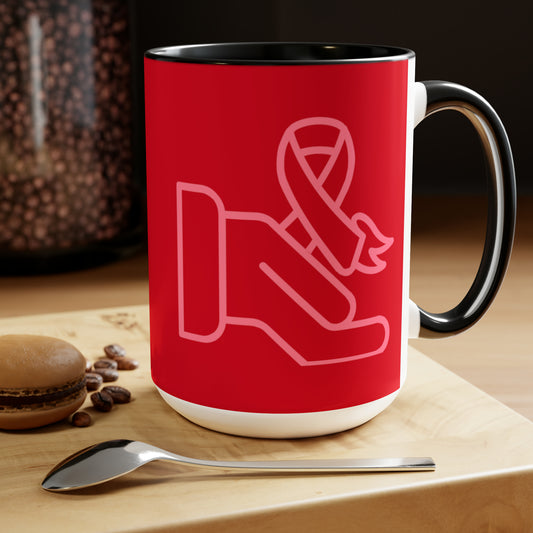 Two-Tone Coffee Mugs, 15oz: Fight Cancer Dark Red