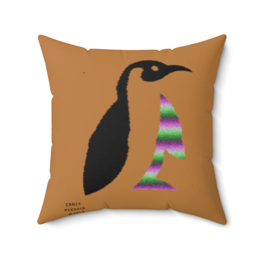 Spun Polyester Square Pillow: Crazy Penguin World Logo Lite Brown