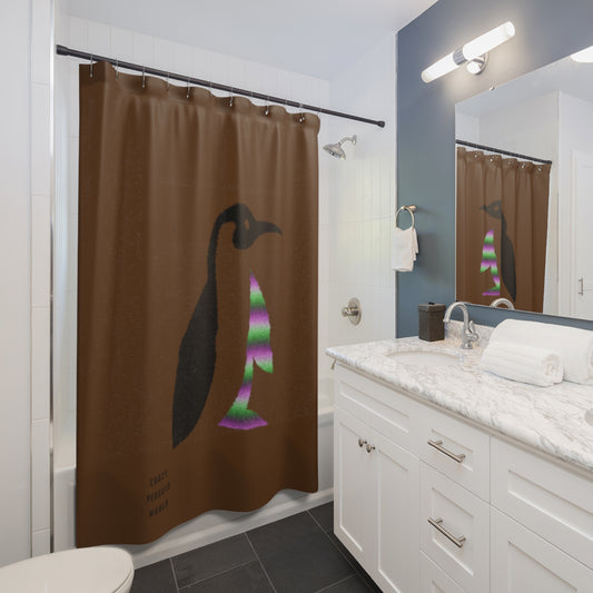 Shower Curtains: #1 Crazy Penguin World Logo Brown