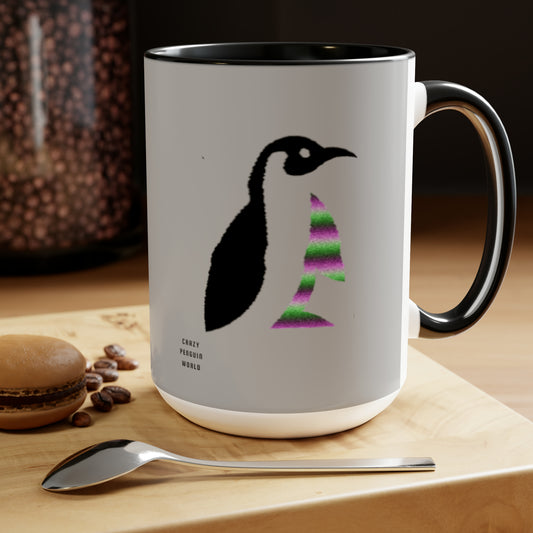 Two-Tone Coffee Mugs, 15oz: Crazy Penguin World Logo Lite Grey