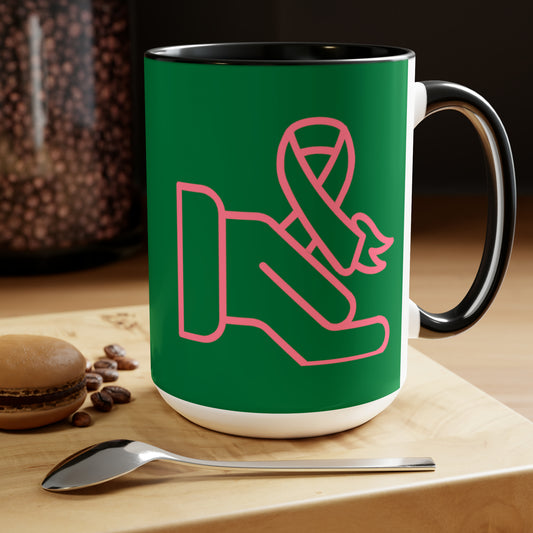 Two-Tone Coffee Mugs, 15oz: Fight Cancer Dark Green