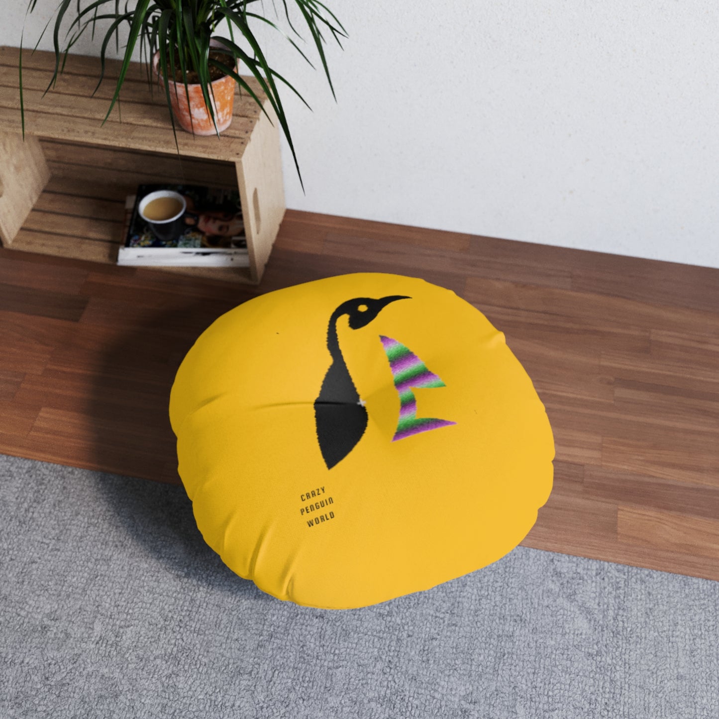 Tufted Floor Pillow, Round: Crazy Penguin World Logo Yellow