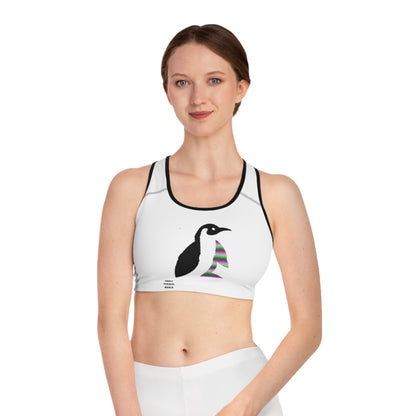 Sports Bra: Crazy Penguin World Logo White