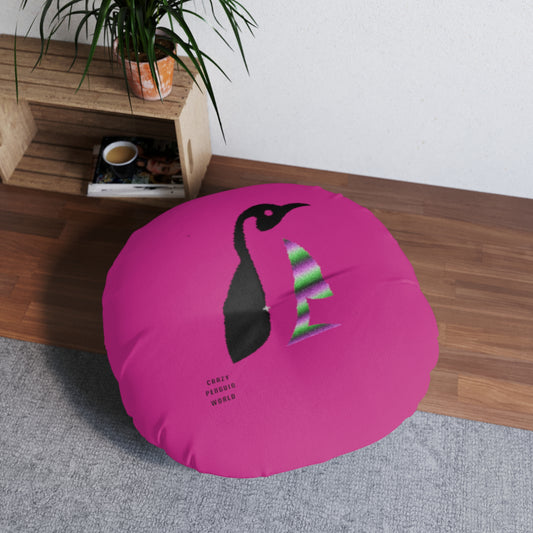 Tufted Floor Pillow, Round: Crazy Penguin World Logo Pink