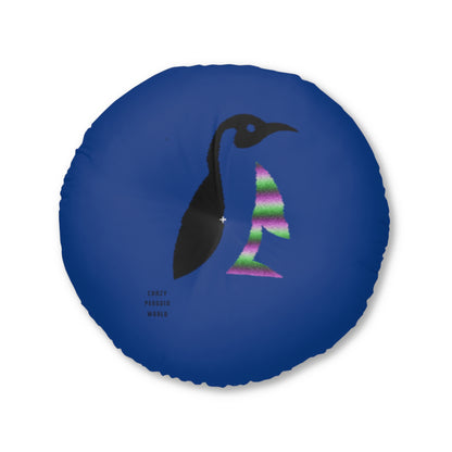 Tufted Floor Pillow, Round: Crazy Penguin World Logo Dark Blue
