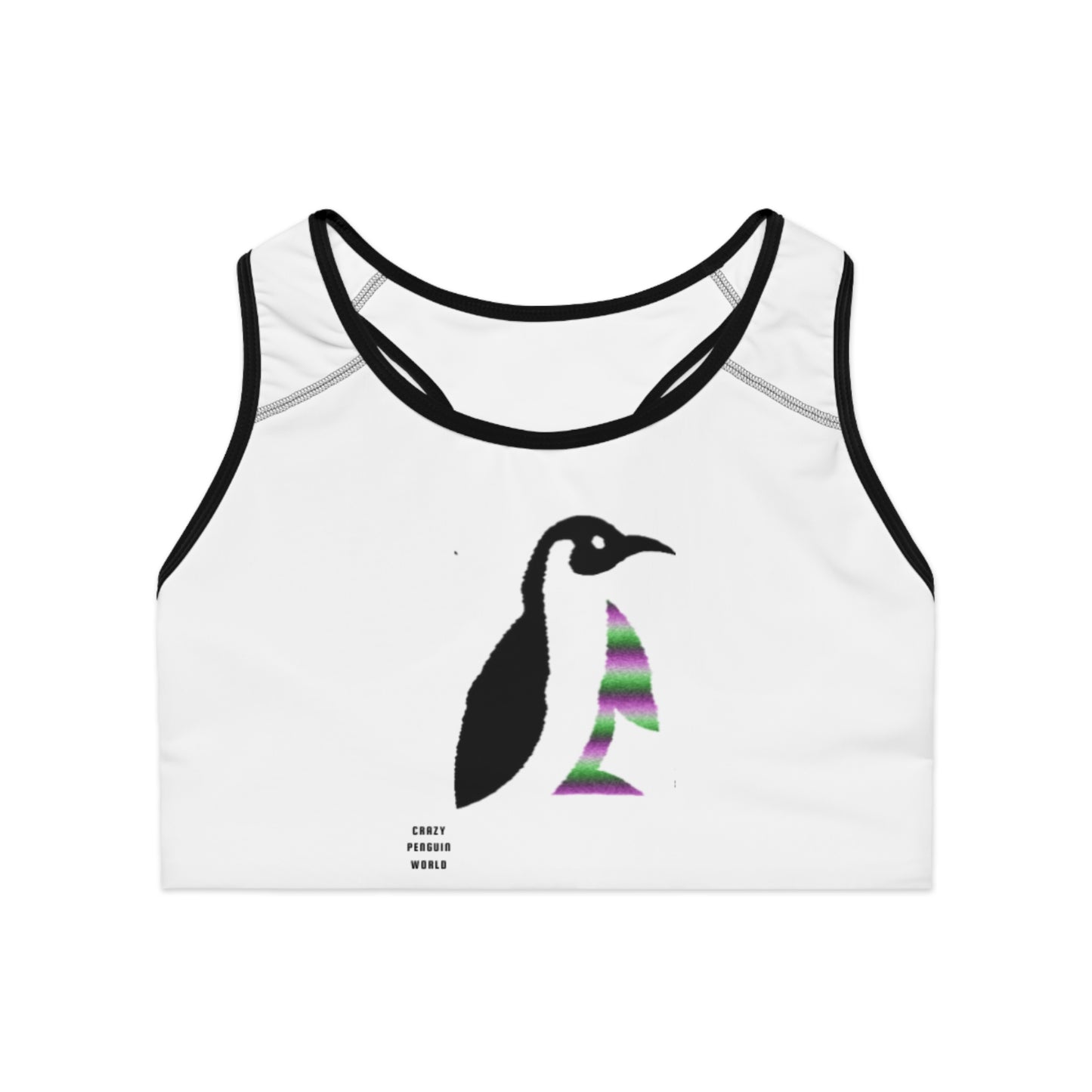 Sports Bra: Crazy Penguin World Logo White